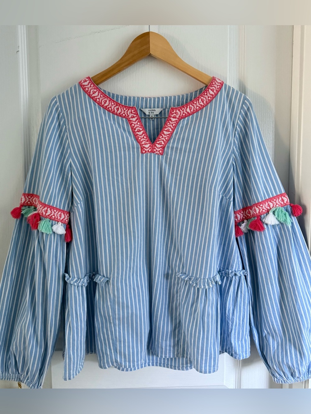 Crown & Ivy Blue and White Striped Blouse with Pink Embroidered V-Neck